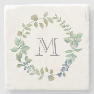 Posavasos De Piedra Delicada vegetación  Wreath y monograma de color 
