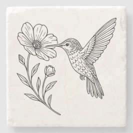 Posavasos De Piedra Detailed Hummingbird Line Art with Wildflower