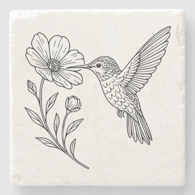 Posavasos De Piedra Detailed Hummingbird Line Art with Wildflower (Anverso)