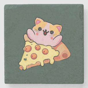 Posavasos De Piedra Dibujo animado de gato Kawaii abrazando pizza de p