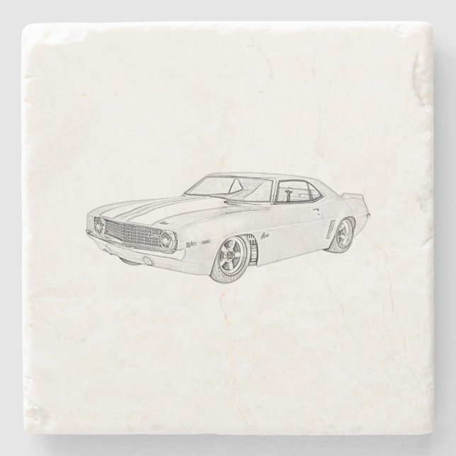 Posavasos De Piedra Dibujo blanco y negro 1969 de Chevy Camaro 