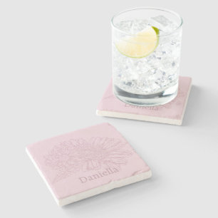 Posavasos De Piedra Dibujo de línea de crisantemo rosa con tu nombre