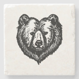 Posavasos De Piedra Dibujo de tinta de la cara del oso en blanco y neg