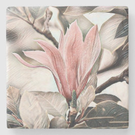 Posavasos De Piedra Dibujo de una rama de magnolia rosa