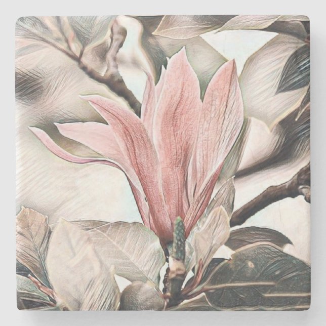 Posavasos De Piedra Dibujo de una rama de magnolia rosa (Anverso)