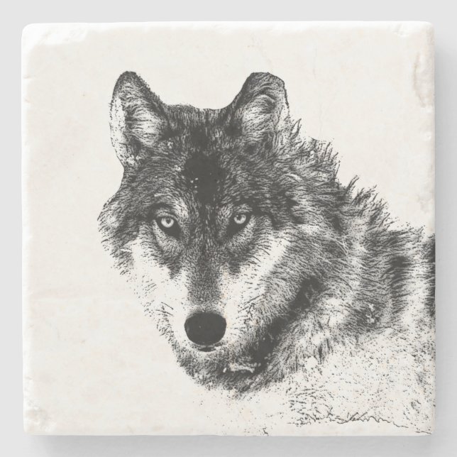 Posavasos De Piedra Dibujo gráfico de boceto de lobo gris (Anverso)