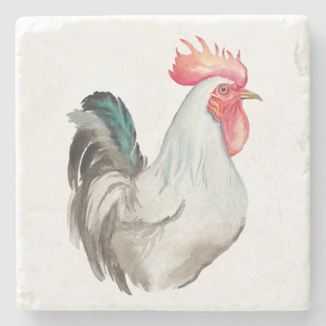 Posavasos De Piedra Dibujo manual de acuarela de un gallo (Anverso)