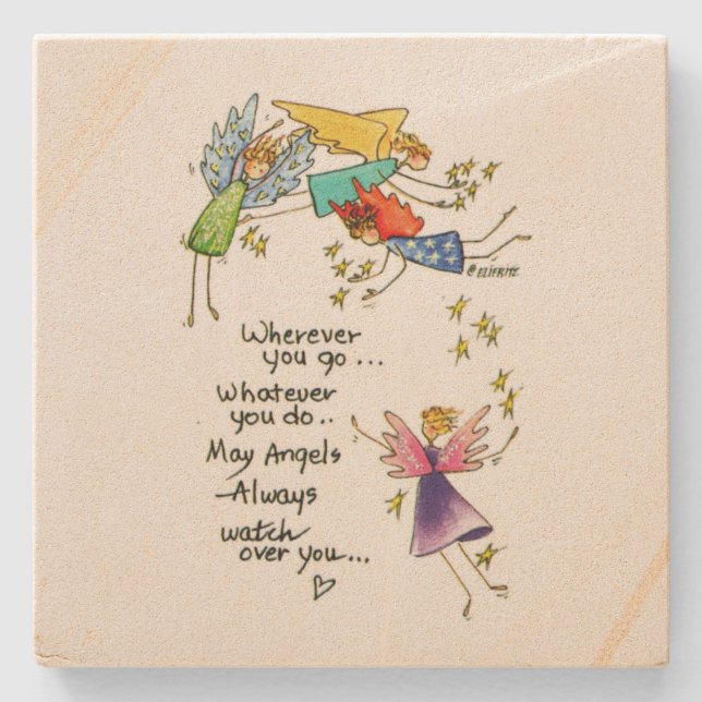 Posavasos De Piedra Dibujo "Que los ángeles siempre te vigilen" (Anverso)