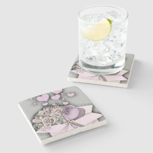 Posavasos De Piedra Dibujo vintage de corazones y Rosas rosados en caj