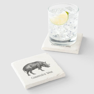 Posavasos De Piedra Dibujo Vintage de Jabalí en Blanco y Negro