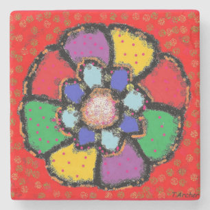 Posavasos De Piedra Diseño de color rojo morado abstracto de flores