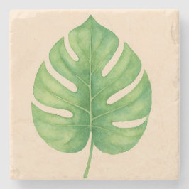 Posavasos De Piedra Diseño de hoja verde de Monstera. 