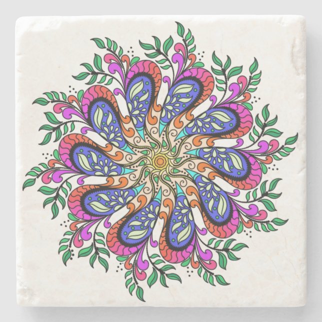 Posavasos De Piedra Diseño de Mandala floral en tonos azules y rosa (Anverso)