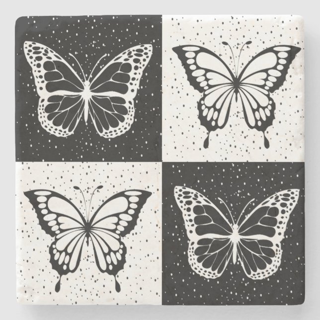 Posavasos De Piedra Diseño de mariposa negra de cuello blanco (Anverso)