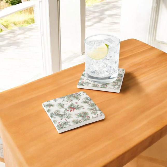 Posavasos De Piedra Diseño de Pino y Berries Rojas de Woodland (Subido por el creador)