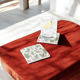 Posavasos De Piedra Diseño de Pino y Berries Rojas de Woodland