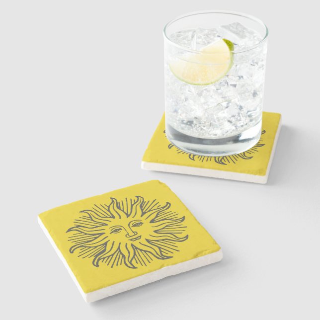 Posavasos De Piedra Diseño de sol blanco negro y amarillo (Lateral)