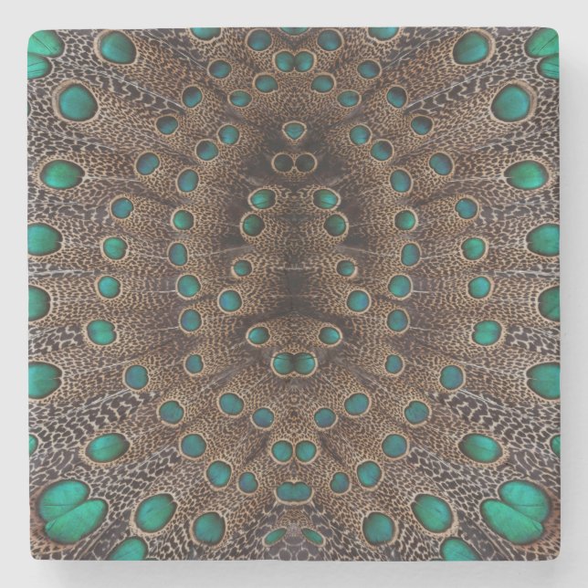 Posavasos De Piedra Diseño fractal de plumas de faisán (Anverso)