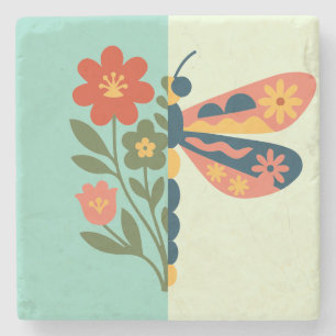 Posavasos De Piedra Diseño gráfico de flor y mariposa colorido