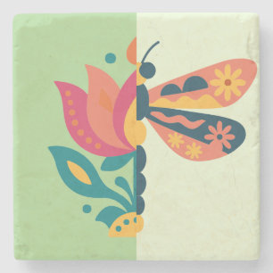 Posavasos De Piedra Diseño gráfico de insecto y flor juguetón