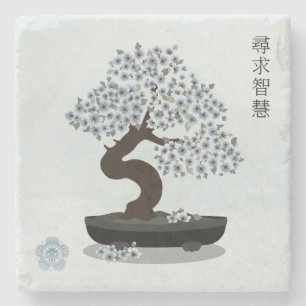 Posavasos De Piedra Diseño gráfico del árbol de floración de bonsai fl