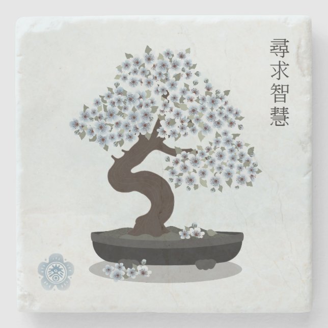 Posavasos De Piedra Diseño gráfico del árbol de floración de bonsai fl (Anverso)