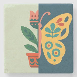 Posavasos De Piedra Diseño gráfico dividido floral y mariposa colorido