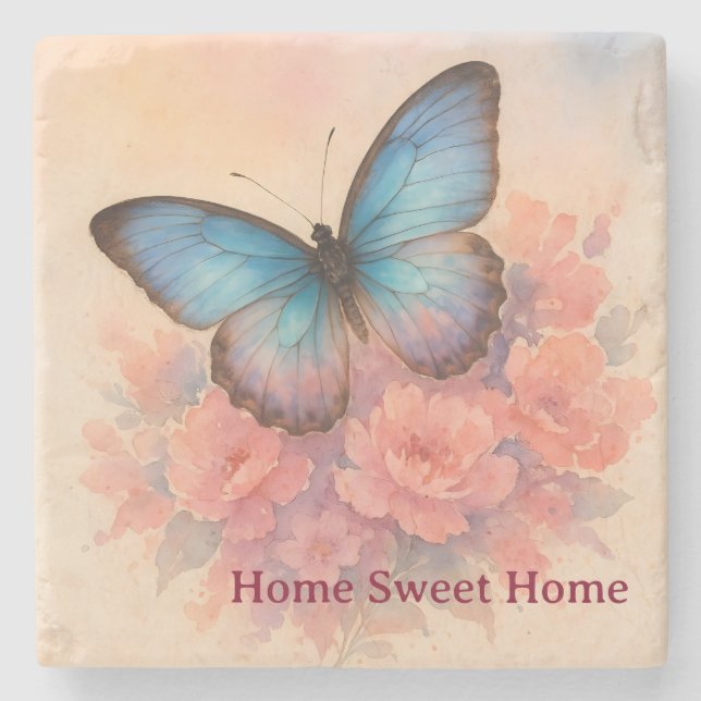 Posavasos De Piedra Diseño personalizado de mariposa de melocotón con  (Anverso)