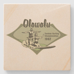 Posavasos De Piedra Diseño Tandem Surfing Hawaiano Vintage