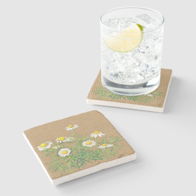 Posavasos De Piedra Divertido Viñeta Chamomile Floral Faux Jute Burlap (Lateral)