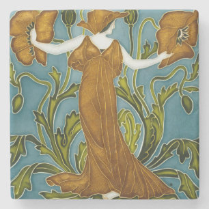 Posavasos De Piedra Doncella de la amapola naranja de estilo Art Nouve