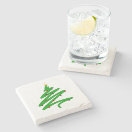 Posavasos De Piedra Doodle verde de árbol de Navidad Minimalista