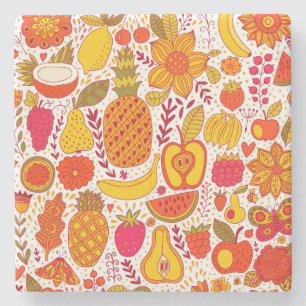 Posavasos De Piedra Doodles de frutas: Patrón de cosecha de verano.