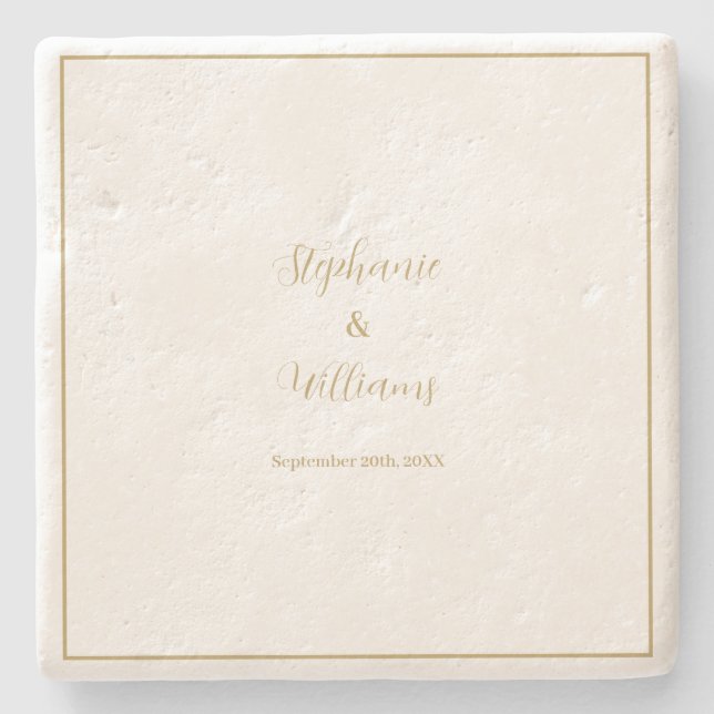 Posavasos De Piedra Dorado Blanco Elegante Nombre simple Boda Favor de (Anverso)
