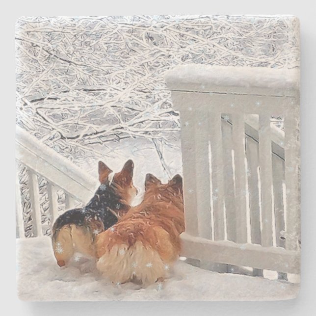 Posavasos De Piedra Dos Corgis en invierno (Anverso)
