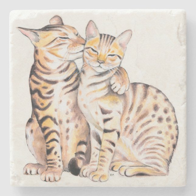 Posavasos De Piedra Dos gatos bengalíes acuarela arte (Anverso)