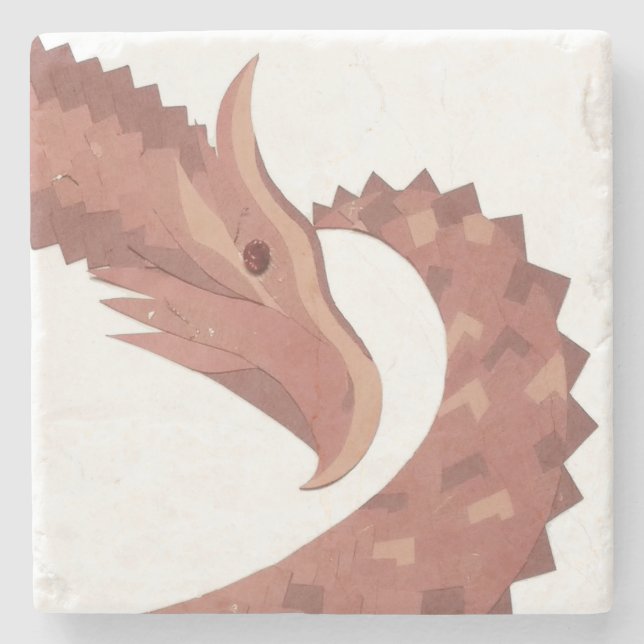 Posavasos De Piedra Dragón de corazón marrón sobre blanco (Anverso)