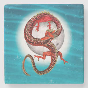 Posavasos De Piedra Dragón de Luna Roja Arte de Fantasía Celestial