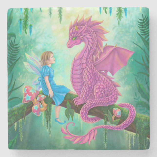 Posavasos De Piedra Dragón rosa y hada (Anverso)