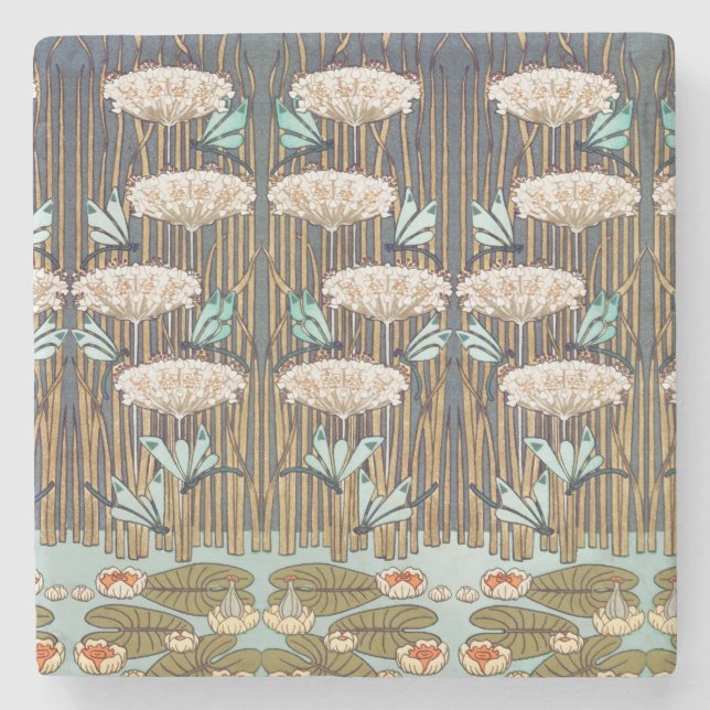 Posavasos De Piedra Dragonflies Water Lilies Marsh Art Nouveau (Anverso)
