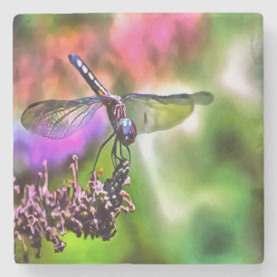 Posavasos De Piedra Dragonfly en pintura realista verde y azul