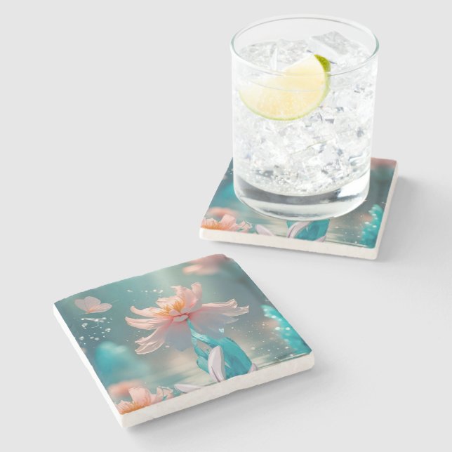 Posavasos De Piedra Dreamy Pink Lotus and Butterfly in Aqua Water (Lateral)