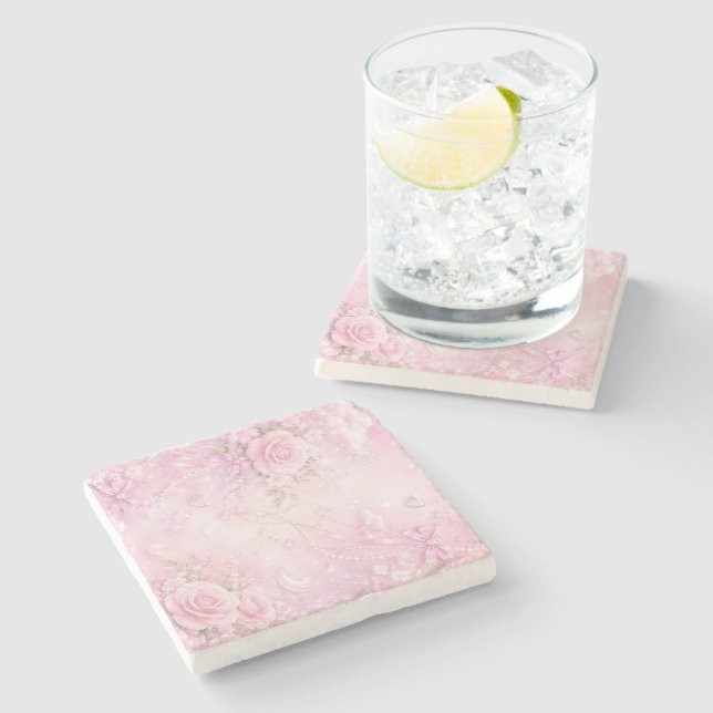 Posavasos De Piedra Dreamy Pink Rose Floral Pearls Bows Sparkles (Lateral)
