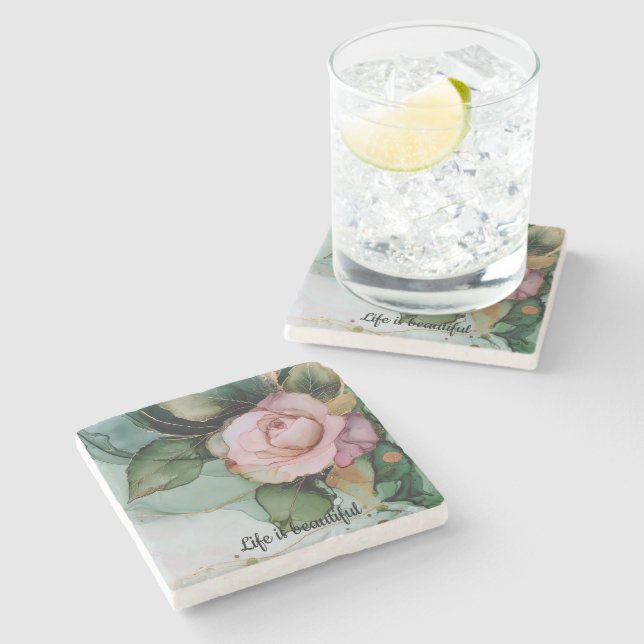 Posavasos De Piedra Ducha de Novia Floral Rosa Rosada Desvanecida Dora (Lateral)