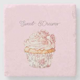 Posavasos De Piedra Dulces Sueños Cupcake Floral Rosas Rosadas
