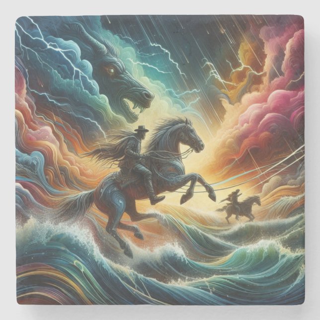 Posavasos De Piedra Dúo dinámico: Aventura tormentosa a caballo (Anverso)