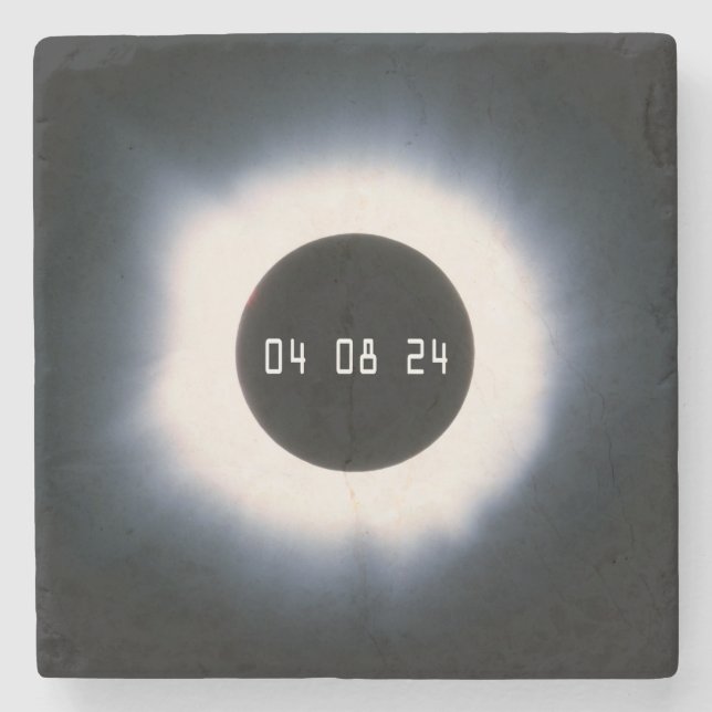 Posavasos De Piedra Eclipse solar total 2024 en blanco y negro (Anverso)