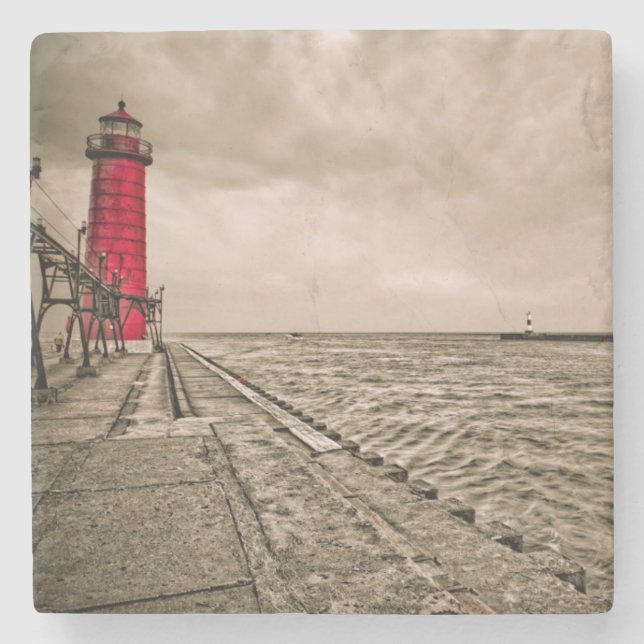 Posavasos De Piedra EE.UU., Michigan, faro de Grand Haven (Anverso)
