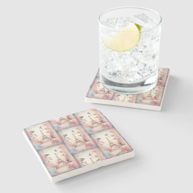 Posavasos De Piedra Eiffel Tower Butterflies and Flowers Pattern (Lateral)