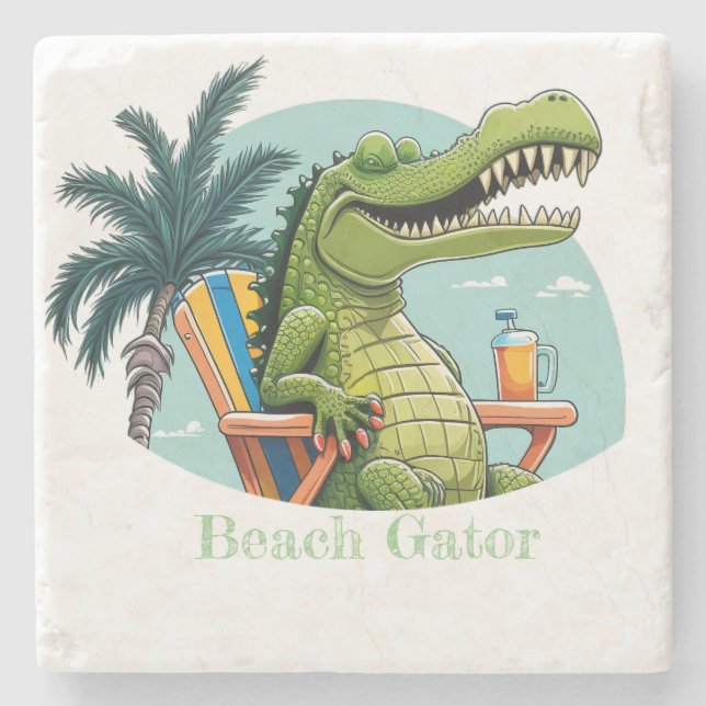 Posavasos De Piedra El Beach Gator está instalado en la playa con text (Anverso)